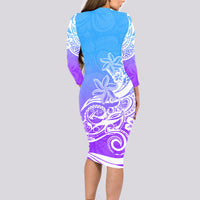 Polynesian Sunset Plumeria Long Sleeve Bodycon Dress Pacific Island Tribal Blue Style - Wonder Print Shop