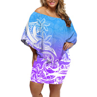 Polynesian Sunset Plumeria Off Shoulder Short Dress Pacific Island Tribal Blue Style - Wonder Print Shop