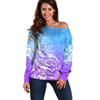 Polynesian Sunset Plumeria Off Shoulder Sweater Pacific Island Tribal Blue Style - Wonder Print Shop