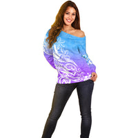 Polynesian Sunset Plumeria Off Shoulder Sweater Pacific Island Tribal Blue Style - Wonder Print Shop