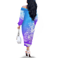 Polynesian Sunset Plumeria Off The Shoulder Long Sleeve Dress Pacific Island Tribal Blue Style - Wonder Print Shop