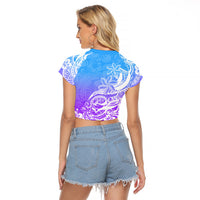 Polynesian Sunset Plumeria Raglan Cropped T Shirt Pacific Island Tribal Blue Style - Wonder Print Shop