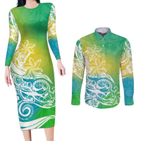 Polynesian Sunset Plumeria Couples Matching Long Sleeve Bodycon Dress and Long Sleeve Button Shirts Pacific Island Tribal Green Style LT9 - Wonder Print Shop