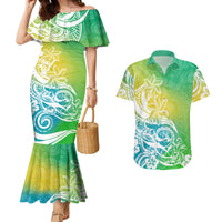 Polynesian Sunset Plumeria Couples Matching Mermaid Dress and Hawaiian Shirt Pacific Island Tribal Green Style LT9 - Wonder Print Shop