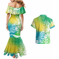 Polynesian Sunset Plumeria Couples Matching Mermaid Dress and Hawaiian Shirt Pacific Island Tribal Green Style LT9 - Wonder Print Shop