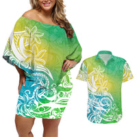 Polynesian Sunset Plumeria Couples Matching Off Shoulder Short Dress and Hawaiian Shirt Pacific Island Tribal Green Style LT9 - Wonder Print Shop