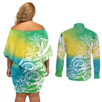 Polynesian Sunset Plumeria Couples Matching Off Shoulder Short Dress and Long Sleeve Button Shirts Pacific Island Tribal Green Style LT9 - Wonder Print Shop