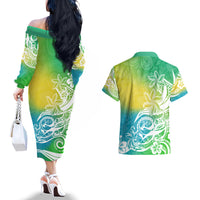 Polynesian Sunset Plumeria Couples Matching Off The Shoulder Long Sleeve Dress and Hawaiian Shirt Pacific Island Tribal Green Style LT9 - Wonder Print Shop