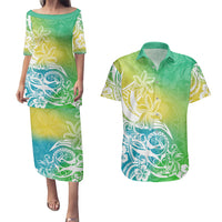 Polynesian Sunset Plumeria Couples Matching Puletasi Dress and Hawaiian Shirt Pacific Island Tribal Green Style LT9 - Wonder Print Shop