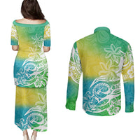 Polynesian Sunset Plumeria Couples Matching Puletasi Dress and Long Sleeve Button Shirts Pacific Island Tribal Green Style LT9 - Wonder Print Shop