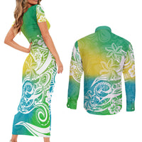 Polynesian Sunset Plumeria Couples Matching Short Sleeve Bodycon Dress and Long Sleeve Button Shirts Pacific Island Tribal Green Style LT9 - Wonder Print Shop