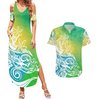 Polynesian Sunset Plumeria Couples Matching Summer Maxi Dress and Hawaiian Shirt Pacific Island Tribal Green Style LT9 - Wonder Print Shop