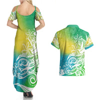 Polynesian Sunset Plumeria Couples Matching Summer Maxi Dress and Hawaiian Shirt Pacific Island Tribal Green Style LT9 - Wonder Print Shop