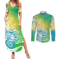 Polynesian Sunset Plumeria Couples Matching Summer Maxi Dress and Long Sleeve Button Shirts Pacific Island Tribal Green Style LT9 - Wonder Print Shop