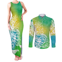 Polynesian Sunset Plumeria Couples Matching Tank Maxi Dress and Long Sleeve Button Shirts Pacific Island Tribal Green Style LT9 - Wonder Print Shop