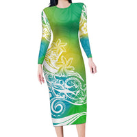 Polynesian Sunset Plumeria Long Sleeve Bodycon Dress Pacific Island Tribal Green Style - Wonder Print Shop