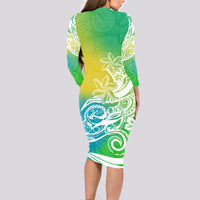 Polynesian Sunset Plumeria Long Sleeve Bodycon Dress Pacific Island Tribal Green Style - Wonder Print Shop