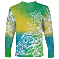 Polynesian Sunset Plumeria Long Sleeve Shirt Pacific Island Tribal Green Style - Wonder Print Shop