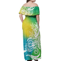 Polynesian Sunset Plumeria Off Shoulder Maxi Dress Pacific Island Tribal Green Style - Wonder Print Shop