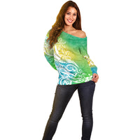 Polynesian Sunset Plumeria Off Shoulder Sweater Pacific Island Tribal Green Style - Wonder Print Shop