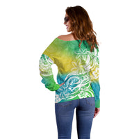 Polynesian Sunset Plumeria Off Shoulder Sweater Pacific Island Tribal Green Style - Wonder Print Shop
