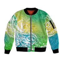 Polynesian Sunset Plumeria Sleeve Zip Bomber Jacket Pacific Island Tribal Green Style - Wonder Print Shop