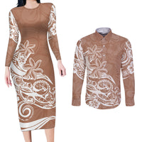 Polynesian Sunset Plumeria Couples Matching Long Sleeve Bodycon Dress and Long Sleeve Button Shirts Pacific Island Tribal Nude Style LT9 - Wonder Print Shop