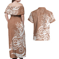 Polynesian Sunset Plumeria Couples Matching Off Shoulder Maxi Dress and Hawaiian Shirt Pacific Island Tribal Nude Style LT9 - Wonder Print Shop