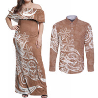 Polynesian Sunset Plumeria Couples Matching Off Shoulder Maxi Dress and Long Sleeve Button Shirts Pacific Island Tribal Nude Style LT9 - Wonder Print Shop
