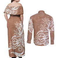 Polynesian Sunset Plumeria Couples Matching Off Shoulder Maxi Dress and Long Sleeve Button Shirts Pacific Island Tribal Nude Style LT9 - Wonder Print Shop