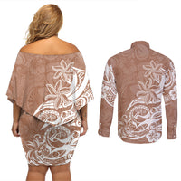 Polynesian Sunset Plumeria Couples Matching Off Shoulder Short Dress and Long Sleeve Button Shirts Pacific Island Tribal Nude Style LT9 - Wonder Print Shop