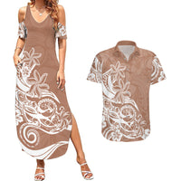 Polynesian Sunset Plumeria Couples Matching Summer Maxi Dress and Hawaiian Shirt Pacific Island Tribal Nude Style LT9 - Wonder Print Shop