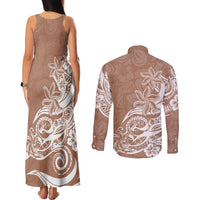 Polynesian Sunset Plumeria Couples Matching Tank Maxi Dress and Long Sleeve Button Shirts Pacific Island Tribal Nude Style LT9 - Wonder Print Shop