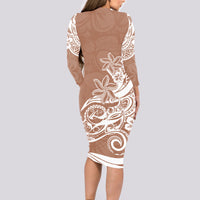 Polynesian Sunset Plumeria Long Sleeve Bodycon Dress Pacific Island Tribal Nude Style - Wonder Print Shop