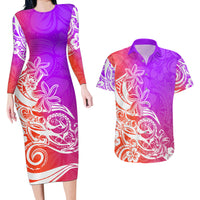 Polynesian Sunset Plumeria Couples Matching Long Sleeve Bodycon Dress and Hawaiian Shirt Pacific Island Tribal Purple Style LT9 - Wonder Print Shop