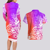 Polynesian Sunset Plumeria Couples Matching Long Sleeve Bodycon Dress and Hawaiian Shirt Pacific Island Tribal Purple Style LT9 - Wonder Print Shop