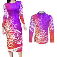 Polynesian Sunset Plumeria Couples Matching Long Sleeve Bodycon Dress and Long Sleeve Button Shirts Pacific Island Tribal Purple Style LT9 - Wonder Print Shop