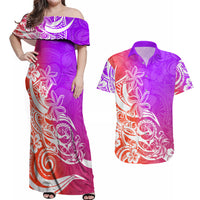 Polynesian Sunset Plumeria Couples Matching Off Shoulder Maxi Dress and Hawaiian Shirt Pacific Island Tribal Purple Style LT9 - Wonder Print Shop
