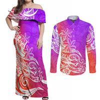 Polynesian Sunset Plumeria Couples Matching Off Shoulder Maxi Dress and Long Sleeve Button Shirts Pacific Island Tribal Purple Style LT9 - Wonder Print Shop