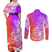 Polynesian Sunset Plumeria Couples Matching Off Shoulder Maxi Dress and Long Sleeve Button Shirts Pacific Island Tribal Purple Style LT9 - Wonder Print Shop