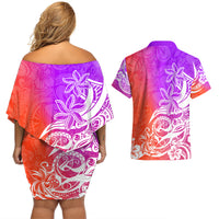 Polynesian Sunset Plumeria Couples Matching Off Shoulder Short Dress and Hawaiian Shirt Pacific Island Tribal Purple Style LT9 - Wonder Print Shop