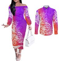 polynesian-sunset-plumeria-couples-matching-off-the-shoulder-long-sleeve-dress-and-long-sleeve-button-shirts-pacific-island-tribal-purple-style