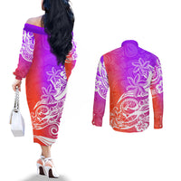 polynesian-sunset-plumeria-couples-matching-off-the-shoulder-long-sleeve-dress-and-long-sleeve-button-shirts-pacific-island-tribal-purple-style