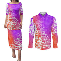 Polynesian Sunset Plumeria Couples Matching Puletasi Dress and Long Sleeve Button Shirts Pacific Island Tribal Purple Style LT9 - Wonder Print Shop