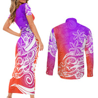 Polynesian Sunset Plumeria Couples Matching Short Sleeve Bodycon Dress and Long Sleeve Button Shirts Pacific Island Tribal Purple Style LT9 - Wonder Print Shop