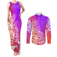 Polynesian Sunset Plumeria Couples Matching Tank Maxi Dress and Long Sleeve Button Shirts Pacific Island Tribal Purple Style LT9 - Wonder Print Shop