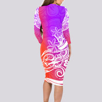 Polynesian Sunset Plumeria Long Sleeve Bodycon Dress Pacific Island Tribal Purple Style - Wonder Print Shop
