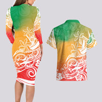 Polynesian Sunset Plumeria Couples Matching Long Sleeve Bodycon Dress and Hawaiian Shirt Pacific Island Tribal Reggae Style LT9 - Wonder Print Shop