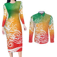 Polynesian Sunset Plumeria Couples Matching Long Sleeve Bodycon Dress and Long Sleeve Button Shirts Pacific Island Tribal Reggae Style LT9 - Wonder Print Shop