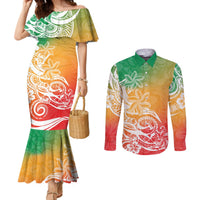 polynesian-sunset-plumeria-couples-matching-mermaid-dress-and-long-sleeve-button-shirts-pacific-island-tribal-reggae-style